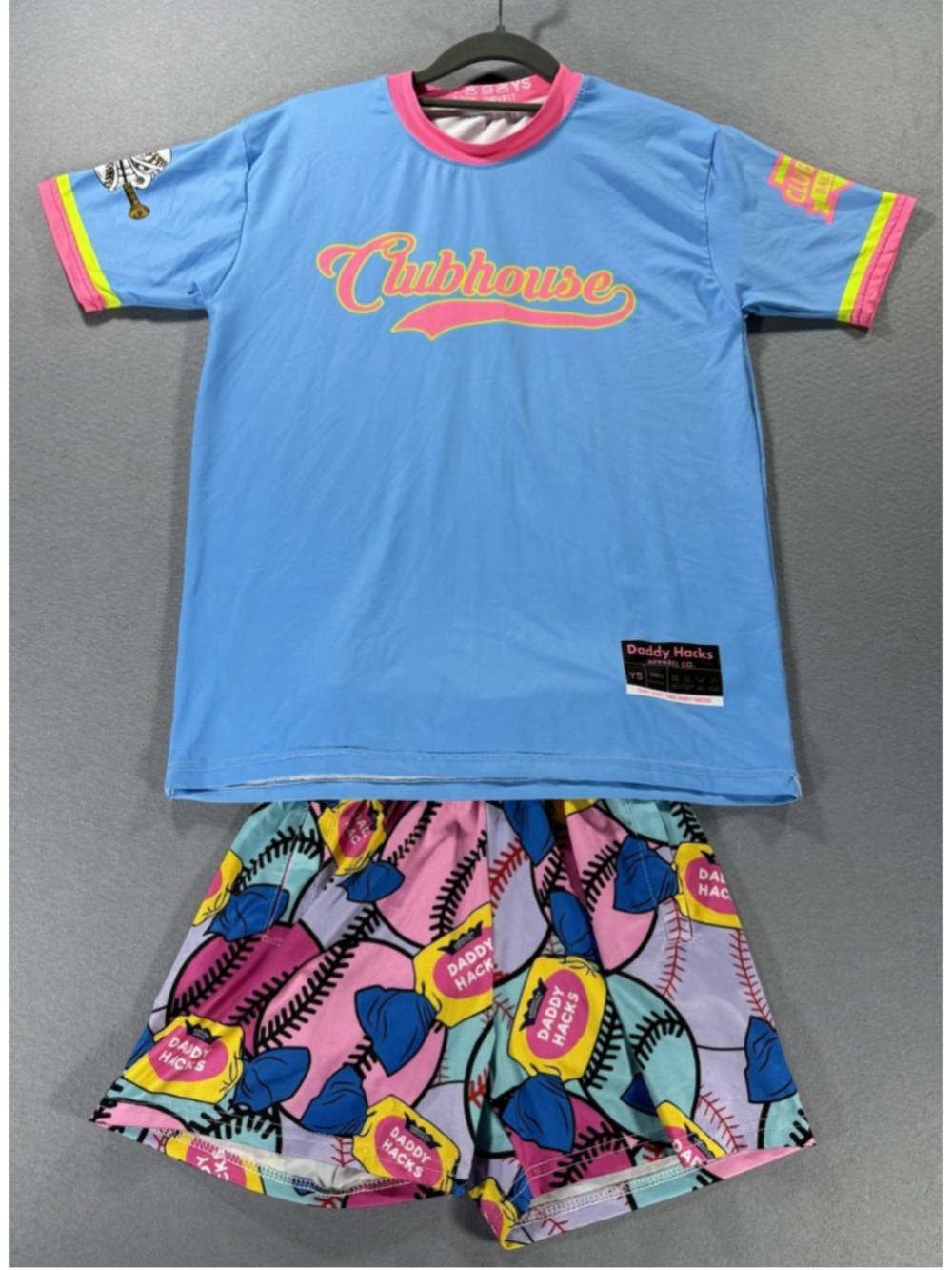 Daddy Hacks Apparel Co Clubhouse Youth Set Shirt YS Shorts YM Baseball Stain